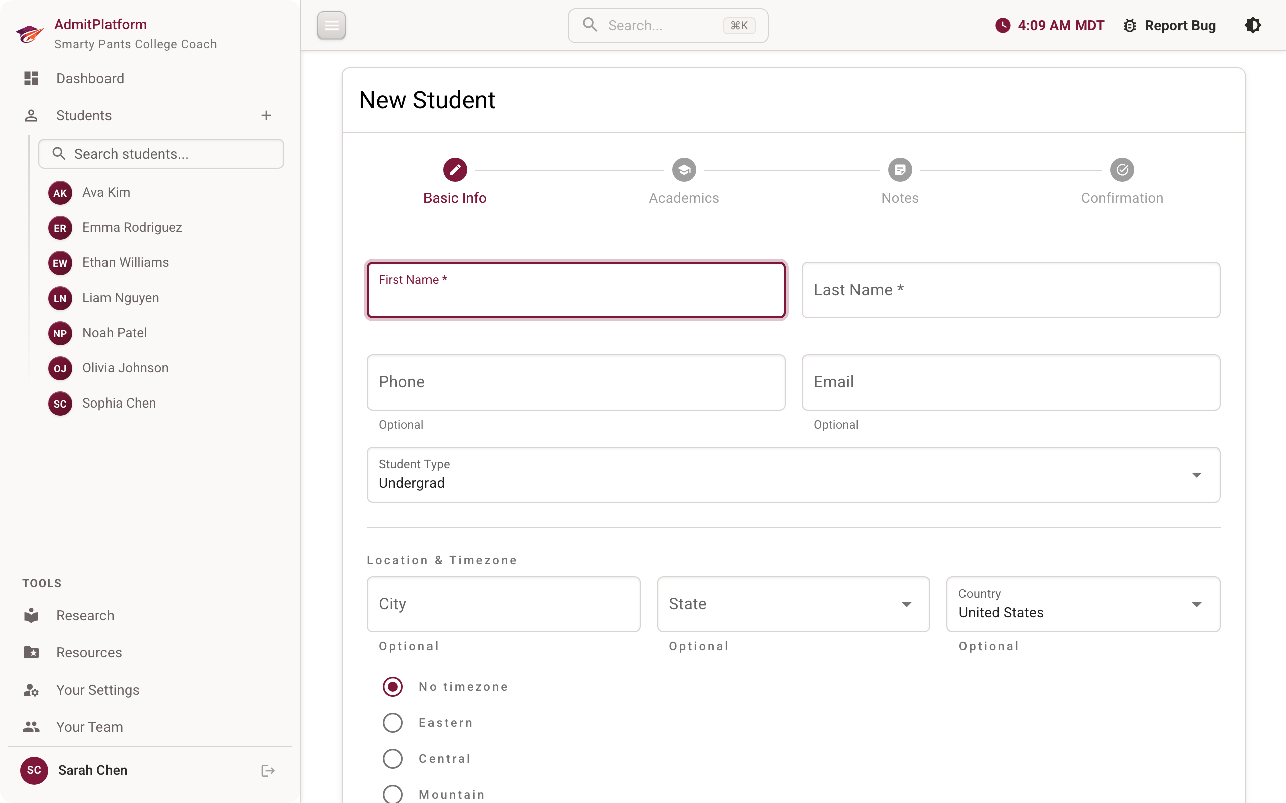 New student intake form