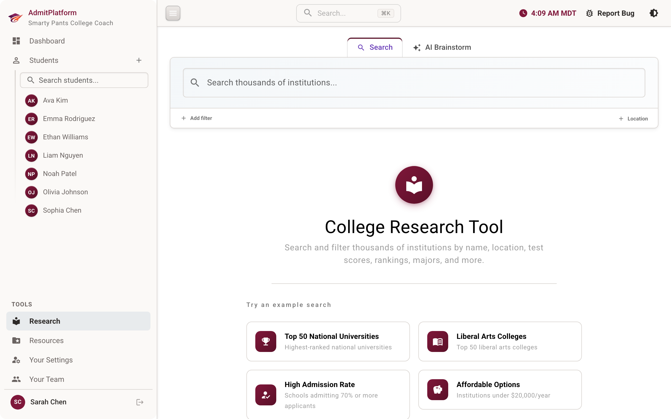 AI college search interface with results