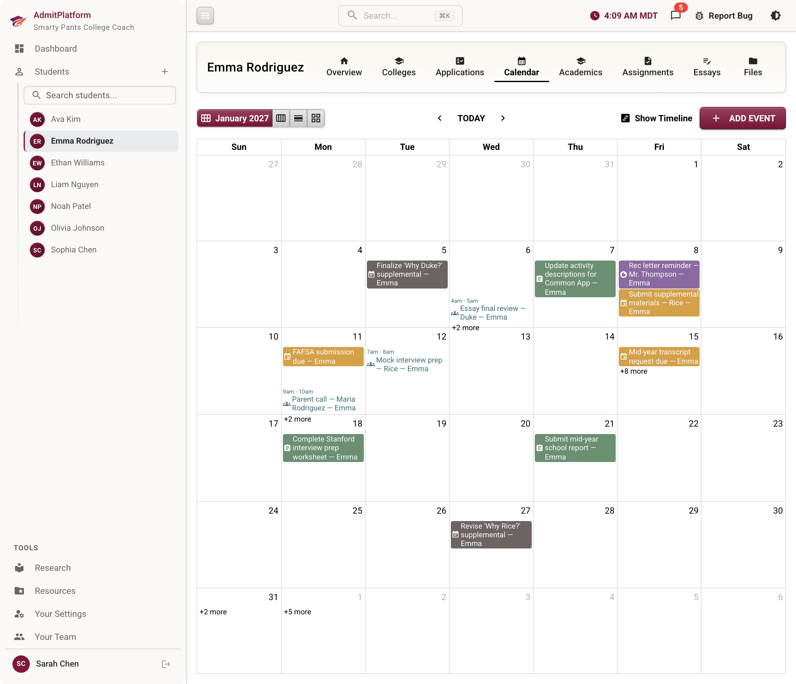 Calendar view with deadlines