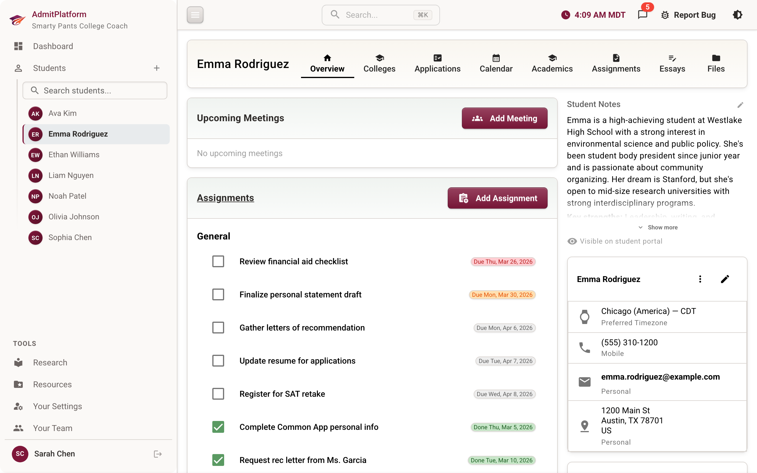 Student profile view